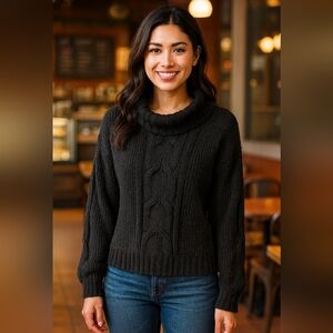 Chunky Womens Small Black Cable Knit Cowl Neck Long Sleeve Pullover Sweater Fall